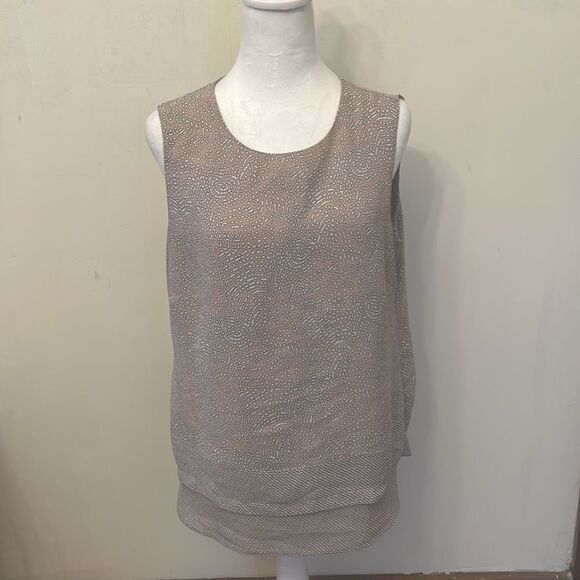 Rose & Olive tan white patterned sleeveless sheer blouse Size L EUC - Picture 2 of 10